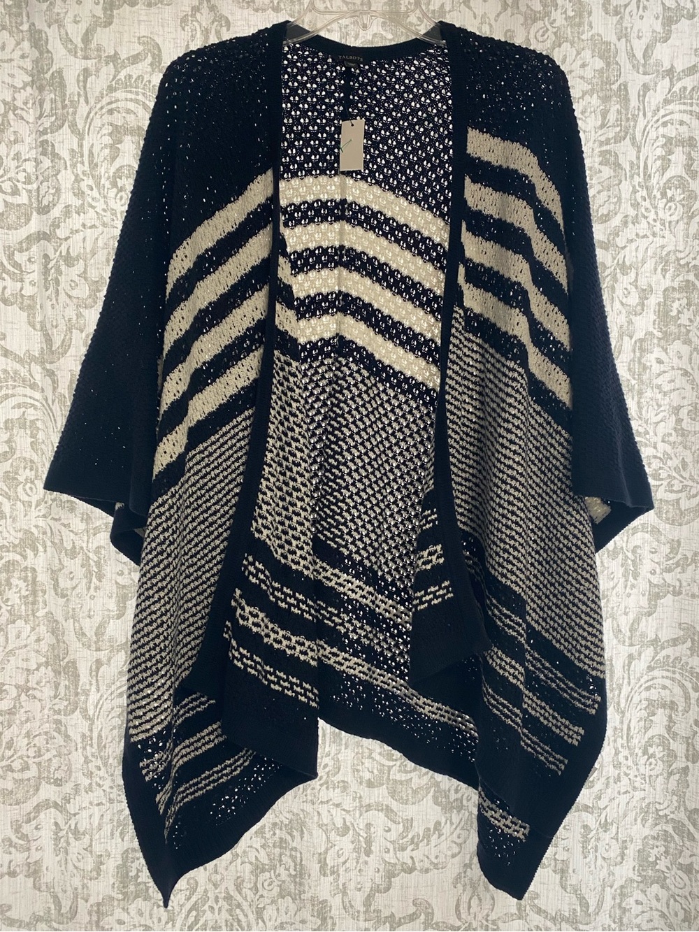 Talbots Open Front Striped Boho Nautical Knit Kimono Cardigan Blue White XS / S